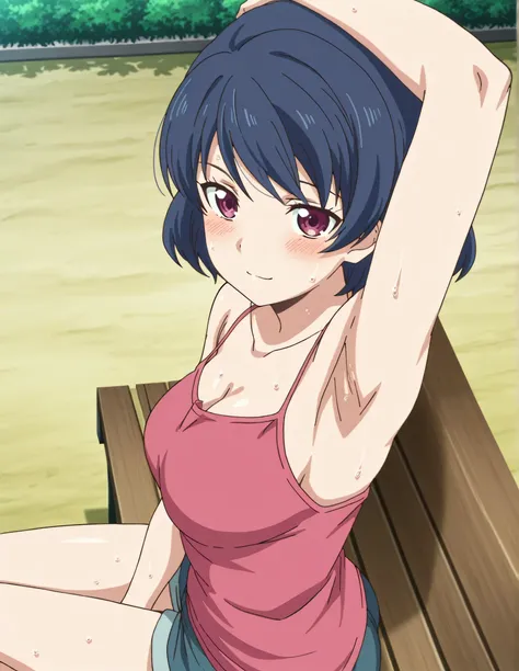 masterpiece, best quality, amazing quality, anime screencap, anime coloring, 1girl, solo, tachibana rui, medium breasts, short hair, blue hair, choppy bangs, purple eyes, pink tank top, spaghetti straps, skindentation, (sweaty:0.8), bare shoulders, bare ar...