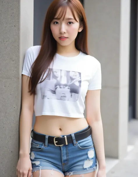 8K high resolution image. Mai Shiraishi. 8K high resolution image. Mai Shinuchi. A woman standing in front of a building. Brown hair and a perfect body. (White cropped random print T-shirt), (((Wearing micro-distressed denim shorts with a thick black belt)...