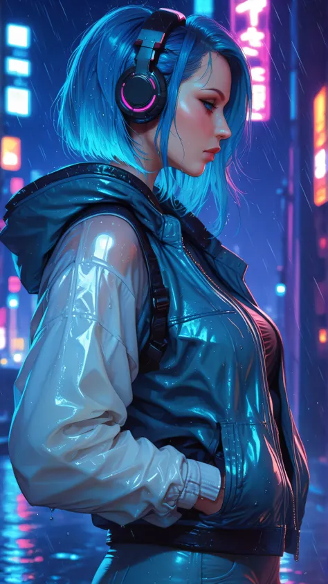 mature female, 
solo, blue hair, headphones, cityscape, night, neon lights, glowing, rain, wet clothes, looking away, side profile, atmospheric, cyberpunk, bokeh, dynamic angle, cold tone, leaning back, hands in pockets, dark,
,masterpiece,best quality,ama...