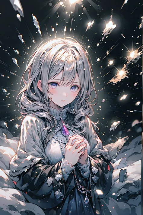 Frozen Beauty、A Gentle Gaze That Occasionally Peeks Under Her Ghostly Exterior masterpiece, Realistic, prayer，Joining hands in prayer，🙏，Beautiful Portrait, high resolution, Vivid Colors, Fine Texture, extreme detail depiction, Professional Shooting, bokeh,...