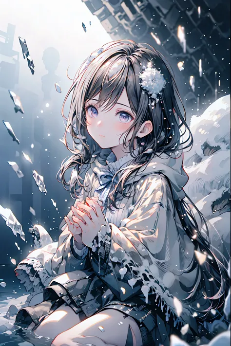 Frozen Beauty、A Gentle Gaze That Occasionally Peeks Under Her Ghostly Exterior masterpiece, Realistic, prayer，Joining hands in prayer，🙏，Beautiful Portrait, high resolution, Vivid Colors, Fine Texture, extreme detail depiction, Professional Shooting, bokeh,...