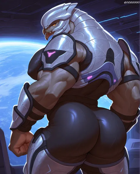 solo, male focus, 1boy, sangheili, sangheili armor, muscular,  thick muscular torso, thick muscular body, big puffy pecs, musky, bubble butt, thick thighs, perfect anatomy, masterpiece, relaxed, spaceship, looking back, perfect quality, best quality, detai...
