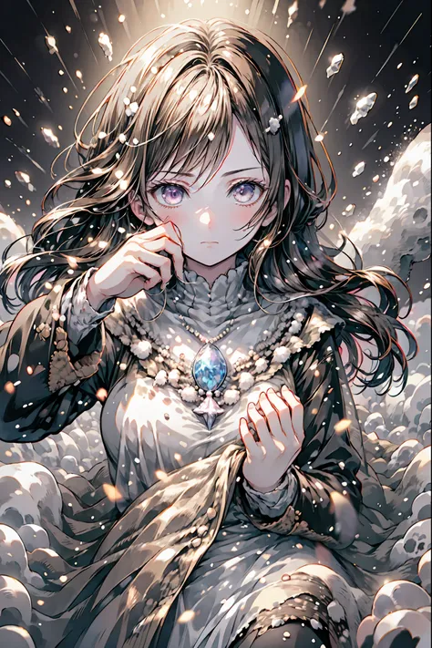 Frozen Beauty、A Gentle Gaze That Occasionally Peeks Under Her Ghostly Exterior masterpiece, Realistic, prayer，Joining hands in prayer，🙏，Beautiful Portrait, high resolution, Vivid Colors, Fine Texture, extreme detail depiction, Professional Shooting, bokeh,...