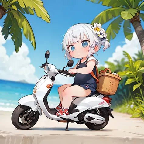 masterpiece,Highest Quality,cute girl rides a small scooter along the coastal path,summer shoreline,On the way to the beach,