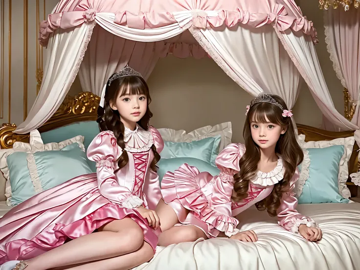 on the bed,Canopy Bed,,Highest Quality, masterpiece, highest resolution, art work, super それにget used to it, many get used to it, get used to it, それにget used to it, 3k photos,,(( Little Girls)),((12 years old)),super fine young face,The three are princesses...