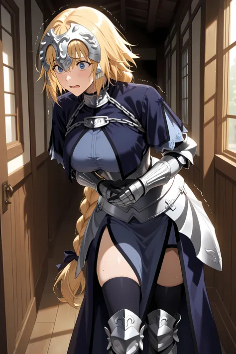 jeanne d arc, blonde hair, blue eyes, long hair, large breasts,,armor, armored boots, armored dress, black gloves, black thighhighs, braid, dress, gauntlets, gloves, headpiece, blue dress, single braid, thighhighs, half body shot,
Solo, general, masterpie...