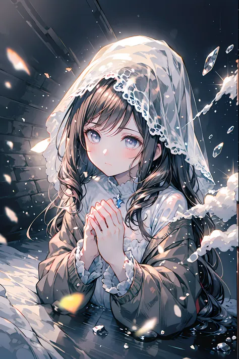 Frozen Beauty、A Gentle Gaze That Occasionally Peeks Under Her Ghostly Exterior masterpiece, Realistic, prayer，Joining hands in prayer，🙏，Beautiful Portrait, high resolution, Vivid Colors, Fine Texture, extreme detail depiction, Professional Shooting, bokeh,...