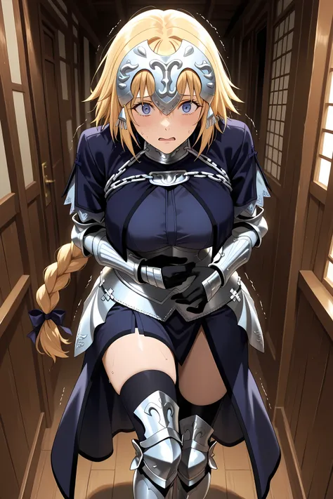 jeanne d arc, blonde hair, blue eyes, long hair, large breasts,,armor, armored boots, armored dress, black gloves, black thighhighs, braid, dress, gauntlets, gloves, headpiece, blue dress, single braid, thighhighs,,
,Solo, general, masterpiece, highres, ul...