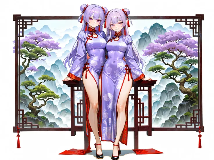 womanhood,Short Height,light purple hair,long hair,Smile,wearing Chinese clothes,Full Body,posing,High Quality,4K,Ultra Fine,Vivid Colors,Bustering,Traditional,Four-bodied,professional,HDR,