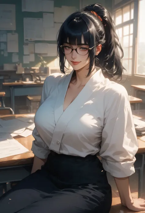 masterpiece, modern Japanese woman, manga artist, tired expression with a smile, glasses, black hair, hime cut, ponytail, sitting at desk, voluptuous