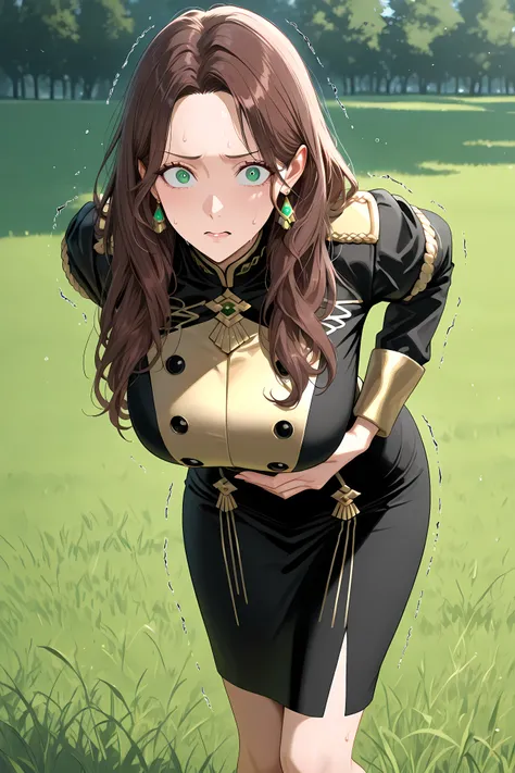 mldortgm, black skirt, black uniform, brown hair, dangle earrings, gold trim, green eyes, jewelry, large breasts, long hair, general, masterpiece, highres, ultra-detailed, hyper-detailed, best quality, amazing quality, very aesthetic, best hands, best ey...
