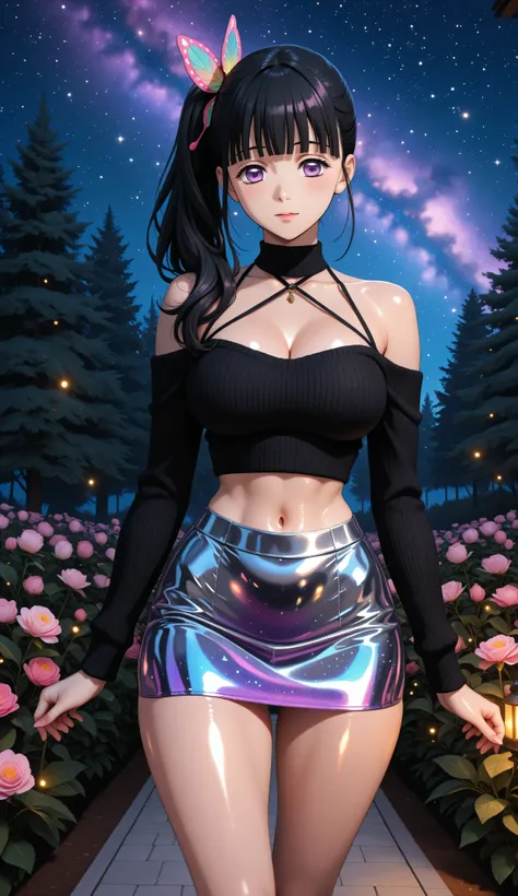 Perfect anatomy. Photo RAW. masterpiece. ultra high definition. top quality. Hyper-detailed. 8K. Bright colors, higher contrast and sharpness.
source_anime, Scudo , long hair, black hair, side ponytail, hair ornament, purple eyes, very large and round bre...