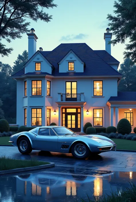 in the afternoon, A retro sports car is close to a beautiful mansion where the lights are on, a real car near a real house.