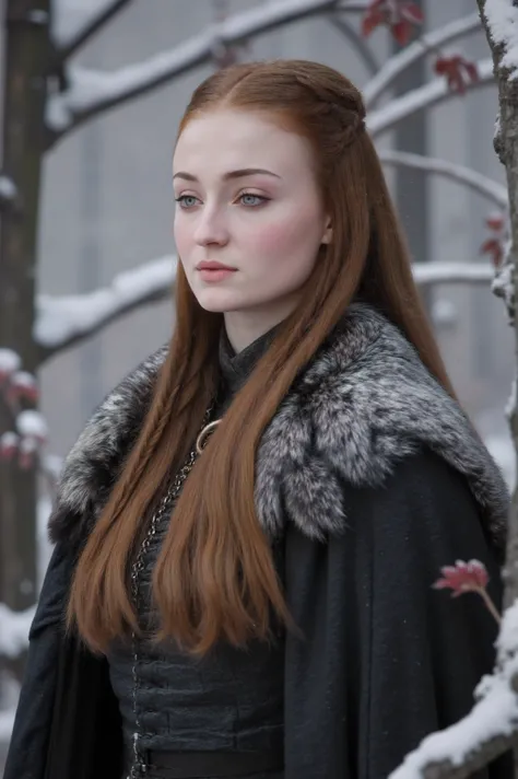 Early Sansa Stark winter portrait, (Northern princess innocence:1.2), practical but fine Northern clothing, carefully arranged auburn hair with traditional braids, clear blue eyes, hopeful expression, standing in Godswood, (snow-covered heart tree:1.2), re...