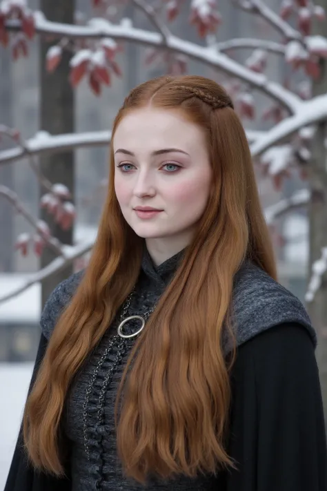 Early Sansa Stark winter portrait, (Northern princess innocence:1.2), practical but fine Northern clothing, carefully arranged auburn hair with traditional braids, clear blue eyes, hopeful expression, standing in Godswood, (snow-covered heart tree:1.2), re...