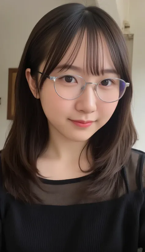 1girl, Solo, High Resolution, Masterpiece, Anatomically Correct, Accurate, real proportions, detailed skin, detailed face, Best Quality, real life style, black hair, bob hair, glasses, tween, black clothing, portrait