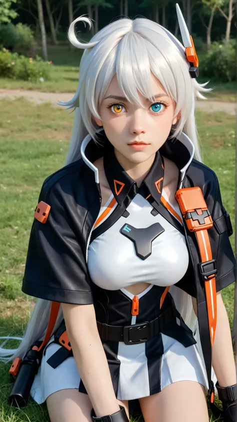 1girl, solo,kiana kaslana void drifter,white hair,long hair,outdoors,potrait,medium breast,heterochromia eyes,(front view:1.4),looking at viewer, potrait,close up,(teen girl:1.5),(battle gear:1.5),(sitting on grass (snow field:1.5),hair ornament,(black glo...