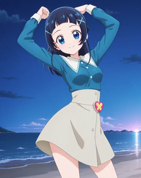 aokazenana, anime screencap, solo, 1girl, looking at viewer, hair ornament ,long sleeves, shirt, skirt, x hair ornament, hairclip, blue shirt, dress, medium breasts, high quality, closed mouth, solo, cowboy shot, night sky, beach, arms up, flexing, arms ab...