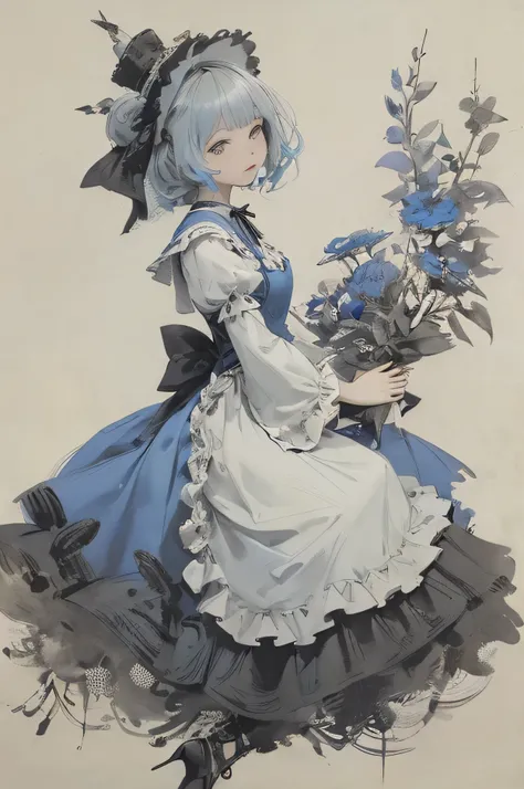 ink painting style、Alice in Wonderland、Alice in a Western-style dress、A blue dress and apron with frills、fantastic and mysterious atmosphere、Ink smudges and brushstrokes、and the texture of paper、monochrome、Cheshire cat with Alice、White Rabbit、Hatter、Trump ...