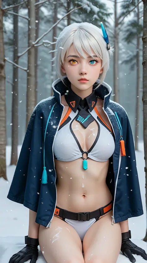 1girl, solo,kiana kaslana void drifter,white hair,long hair,outdoors,potrait,medium breast,heterochromia eyes,(front view:1.4),looking at viewer, potrait,close up,(teen girl:1.5),sitting on stone (snow storm:1.5),hair ornament,(black glove:1.4) ,(winter ba...