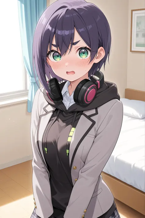 {{{masterpiece}}}, {{{best quality}}}, {{ultra-detailed}}, (detailed skin texture) , EBKurumi
1girl, solo, short hair, purple hair, thick eyebrows, green eyes, medium breasts,
school uniform, jacket, hood, hoodie, plaid skirt, headphones around neck, grey ...