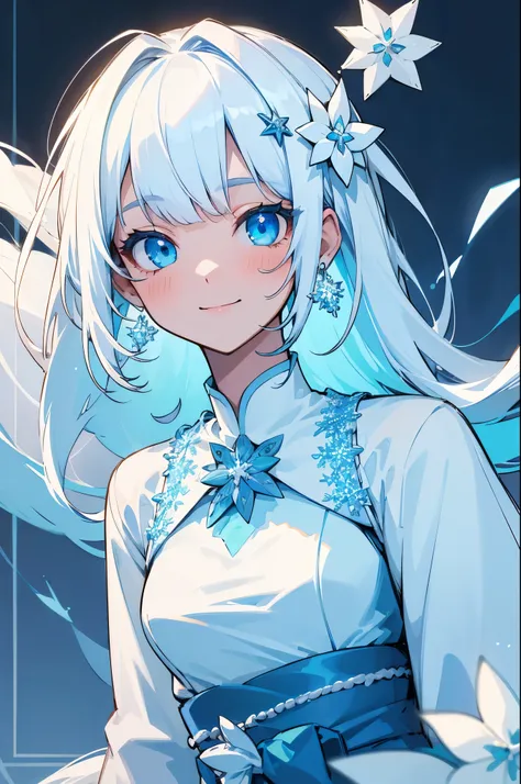 (best quality,highres:1.2),portrait,white hair,long hair,blue eyes,girl,big chest,soft bangs,small white flower brooch,small snowflake earrings,white and blue color tones,clothing with a cheerful smile