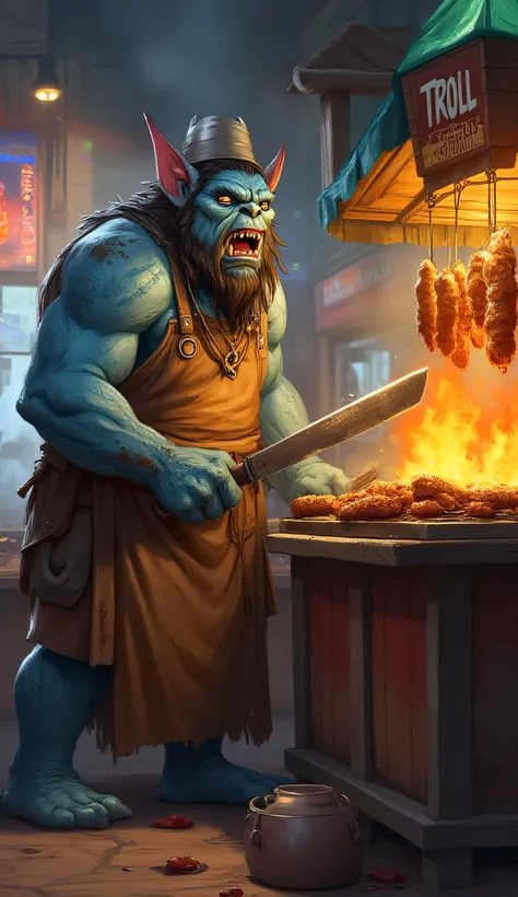 trolls, large pointed ears, large nose, fangs, tusks, 1male, solo, light blue skin, white eyes, brown hair, Pathfinder-style, street food vendor, running shawarma stand, massive, rugged skin, tusks, wearing a stained apron and a chef’s hat, stands behind a...