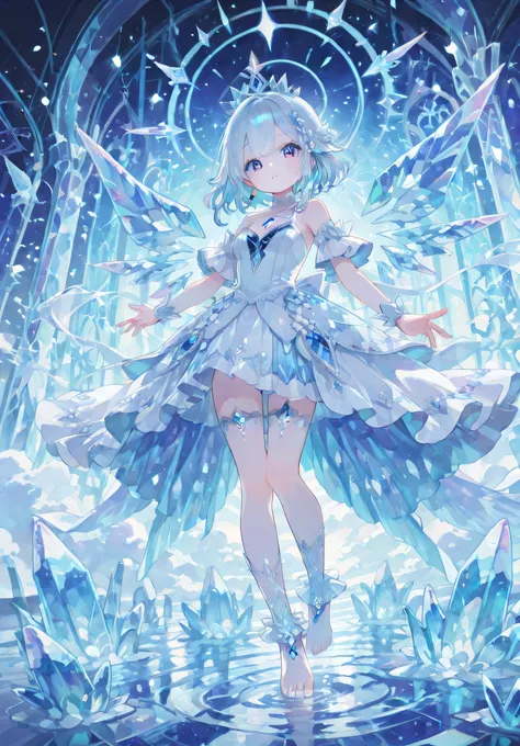 1girl,pretty face、Babyface、（Highest Quality、greatest masterpiece、Super Detailed、High Precision、CG、HHD、32K、Unity）、everything around the pretty girl is frozen from her feet、（Giant ice crystal background）、small ice crystals are scattered、mysterious、fantastic、...