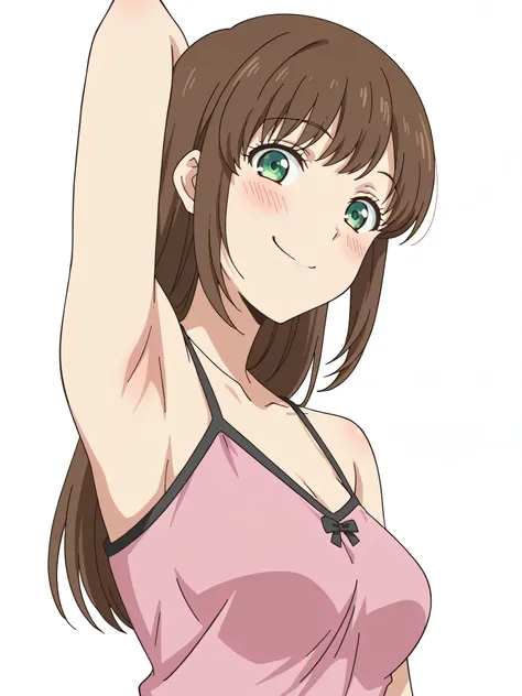 masterpiece, best quality, amazing quality, anime screencap, anime coloring, 1girl, solo, tachibana hina, long hair, brown hair, sidelocks, choppy bangs, green eyes, pink camisole, spaghetti strap, black strap, arm behind head, armpit, armpit focus, head t...