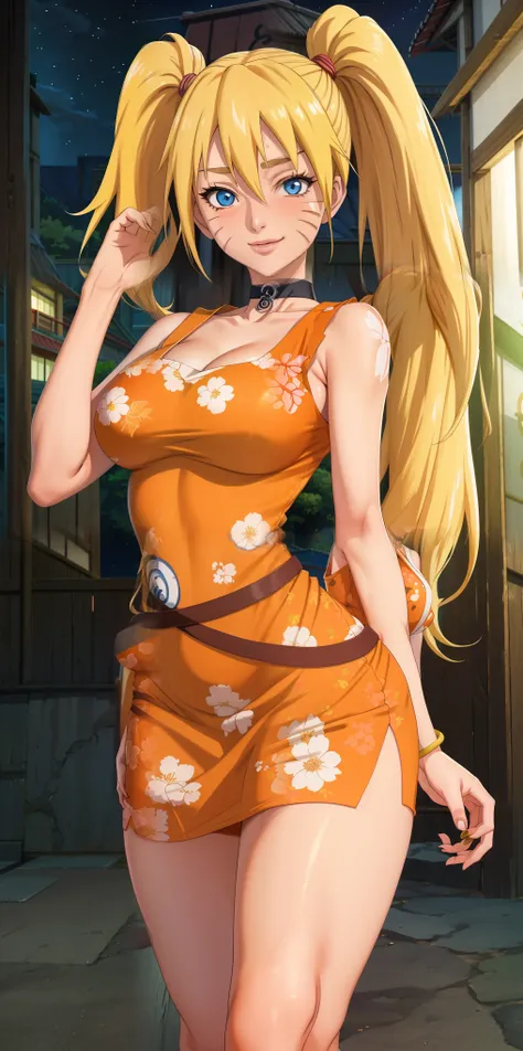 masterpiece, best quality, extremely detail 8k cg, high resolution, 1girl, solo, mature female, WhiteShirt_SexyJusuNaruto_Naruko_ownwaifu, 1girl, blonde hair, naruko \(naruto\), twintails, long hair, facial mark, whiskers, whisker markings, blue eyes, medi...