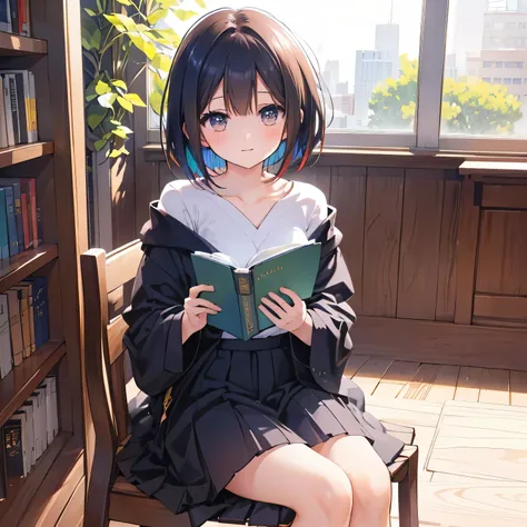  I'm crying for help, Short haired brown eyes, reading a book while sitting in front of a bright bookshelf。colorful pop animation 