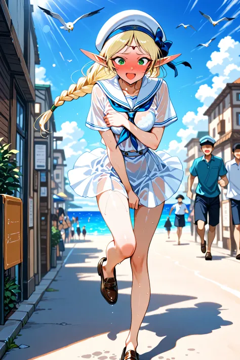 masterpiece, best quality, highres, incredibly absurdres, amazing quality, tanaka masayoshi artstyle,
1girl,solo focus,three quarter view,
deedlit, pointy ears, elf, blonde hair, French braided ponytail, white serafuku,white sailor collar,white skirt,white...