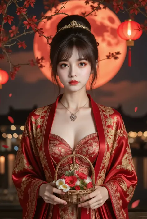 realistic style,close-up,front,upper body,sexy babes,Hair Bun,Hair accessories,Exquisite makeup,pale skin,Bright eyes, red lips, necklace,gigantic breasts, She is draped in a gorgeous red shawl embroidered with gold,Holding a basket of flowers,Night sky sc...