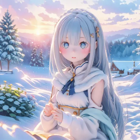 Emilia,,gentle eyes,,A mysterious otherworldly landscape in the background,Particles of Light,sky dyed by sunset,fantastic vibe,Delicate Digital Art,high resolution,exquisite detail,4K rendering,Realistic,Professional,Vivid Colors,bokeh、around a conical ta...