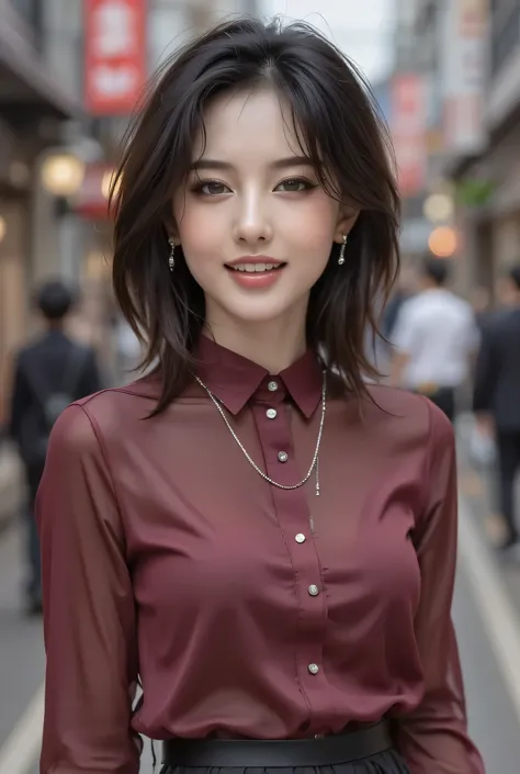 Japanese attractive adult woman standing in downtown Kyoto, wine red shirt fully wrapping her big breasts, black tight mini skirt, seductive smile with perfect white teeth, transparent dark brown eyes, long eyelashes and natural double eyelids, sophisticat...