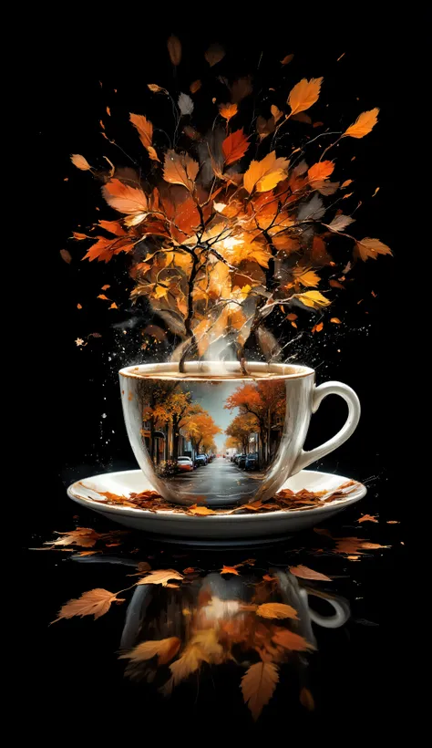 masterpiece, best quality, Jeddblexp,double exposure, blended coffee cup, double exposure with autumn leaves and city street , no humans, black background