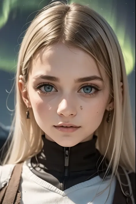 Northern Lights in Her Eyes, A silver-haired woman under an arctic sky, her eyes shine like an aurora borealis revealing her soul.