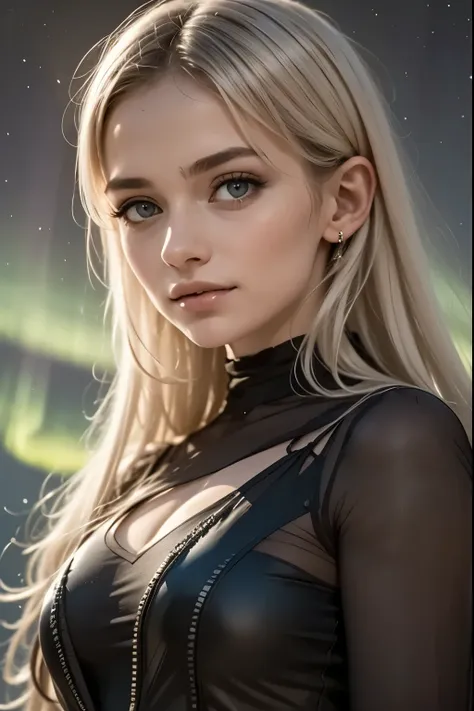 Northern Lights in Her Eyes, A silver-haired woman under an arctic sky, her eyes shine like an aurora borealis revealing her soul.