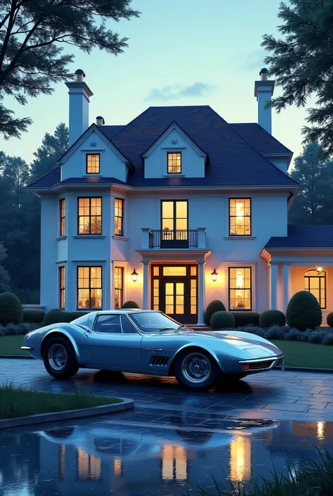 In the evening, a retro sports car stands near a beautiful mansion where the lights are on a real car near a real house