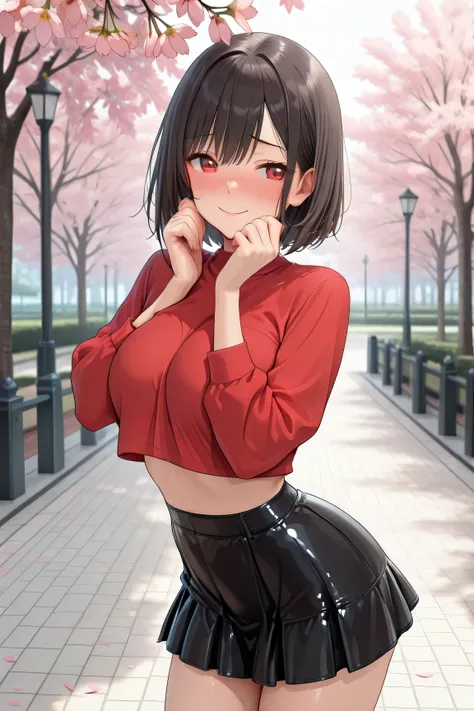 ((Masterpiece)), ((High resolution)),.8k, smooth semi realistic quality, illustration, solo, an anime girl, red crop top, black tight shiny latex mini skirt, shy blush, smile, cute, beautiful detailed red eyes, bangs, busty, big breasts, accurate anatomica...