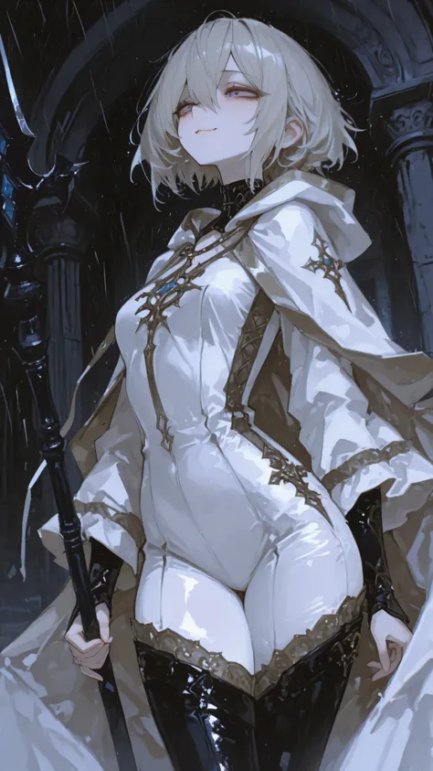Top image, ultra-high resolution, PERFECT DETAILS, Insanely beautiful female warrior, Pale skin brings out the magical beauty, Messy black short hair, （（Light blue eyes full of sarcasm,）） Slender and well-proportioned figure, White robe outlines beautiful ...