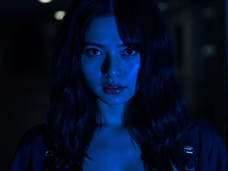 (((Inside the dark spaceship Nostromo, illuminated by black lights:2.0))),(((HR Giger-esque cyberpunk atmosphere:2.0))),(((Holding a cyberpunk-like Japanese sword:2.0))),standing in the teacher's house,one woman,(cute face:1.5),(Beautiful well-balanced fac...