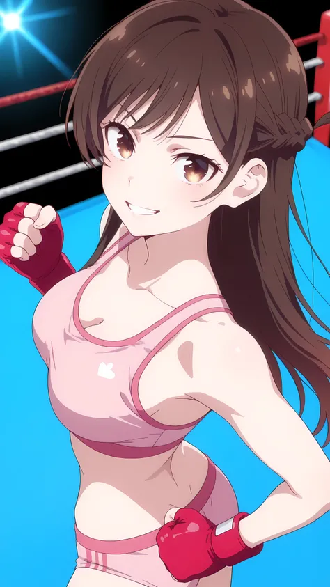 Chizuru Ichinose, brown hair, brown eyes, long hair, braid,, solo, (pink sports bra, pink boy-leg cut sports underwear, white fingerless gloves), grin, toned slim body, slim waist, looking at viewer, extremely detailed eyes and face, medium shot, face focu...