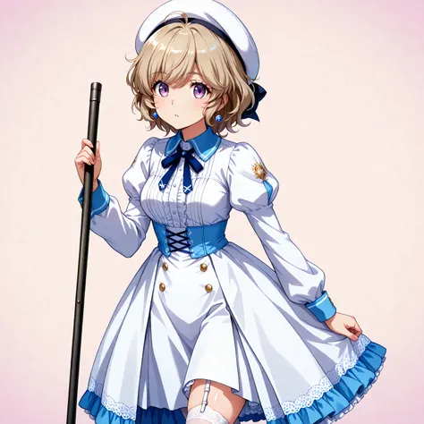 iwanaga kotoko, deductive reasoning,blond hair,fringe swept between the eyes,short hair, Patilla ,shiny hair,purple eyes,student,eyebrows visible through the hair,eyelashes,medium breasts, white beret,earrings,broad shoulders,long sleeves,white dress,blue ...