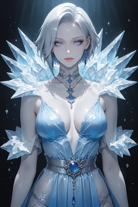 solo, female, cowboy shot portrait ,, (beautiful royal blue eyes, short hair, silver hair color, extremely detailed perfect face and eyes, light makeup:cold color , BREAK ( ice queen clothing, elegant dress , ice, cool, intricate, sexy), earrings, pendant,...