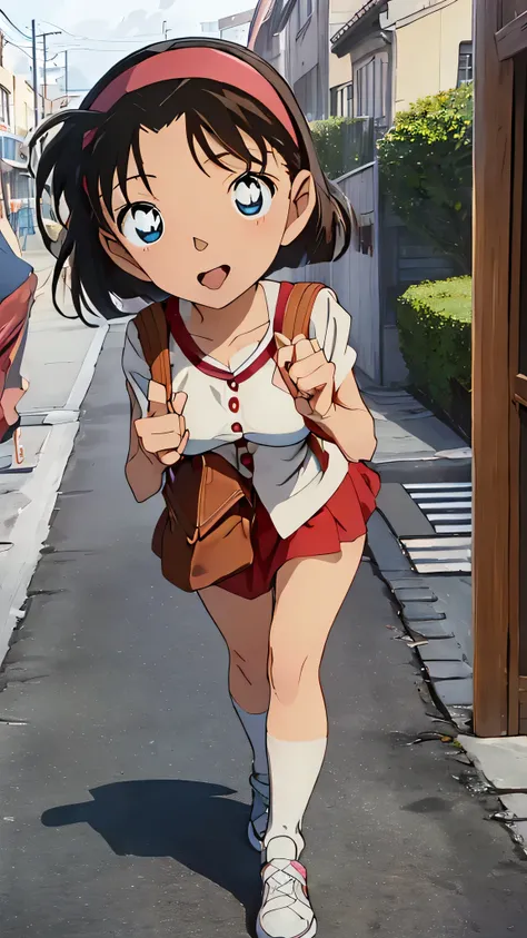  from Pu、（Ｇcup breasts：1.5）((( completely naked）））,(((Big Breasts)))
YOSHIDA AYUMI,one girl，、brown hair，short hair，，blue eyes、red headband、Viewer shows，Japanese backpack for elementary school students ，Blushing and laughing、，in doors, clavicle，door、blue sk...