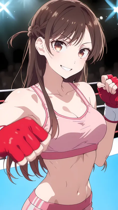 Chizuru Ichinose, brown hair, brown eyes, long hair, braid,, solo, (pink sports bra, pink boy-leg cut sports underwear, white fingerless gloves), grin, toned slim body, slim waist, looking at viewer, extremely detailed eyes and face, medium shot, face focu...