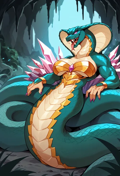 (masterpiece, NSFW, uncensored, ultra detail, hi res, 8k, erotic magazine-style photography), naga snake-woman goddess nude reclining across glowing crystal formations, voluptuous human torso with huge glossy breasts, erotic smirk with sharp fangs and tong...