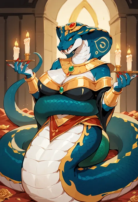 (masterpiece, NSFW, uncensored, ultra detail, hi res, 8k, erotic magazine-style photography), naga snake goddess nude spread across black obsidian altar, voluptuous upper body with breasts glossy and pressed, tail long and thick instead of legs, coiling ti...