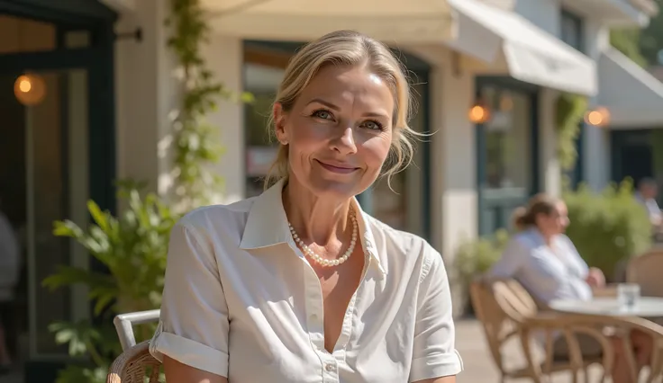 Görsel Promptu: ((RAW Photo)), masterpiece, best quality, (Extremely detailed 8k cinematic film still), ((Elegant medium shot)), the stunning woman (HeatherFlux face, 60 years old) is having breakfast at a small outdoor cafe. She is wearing a ((simple whit...